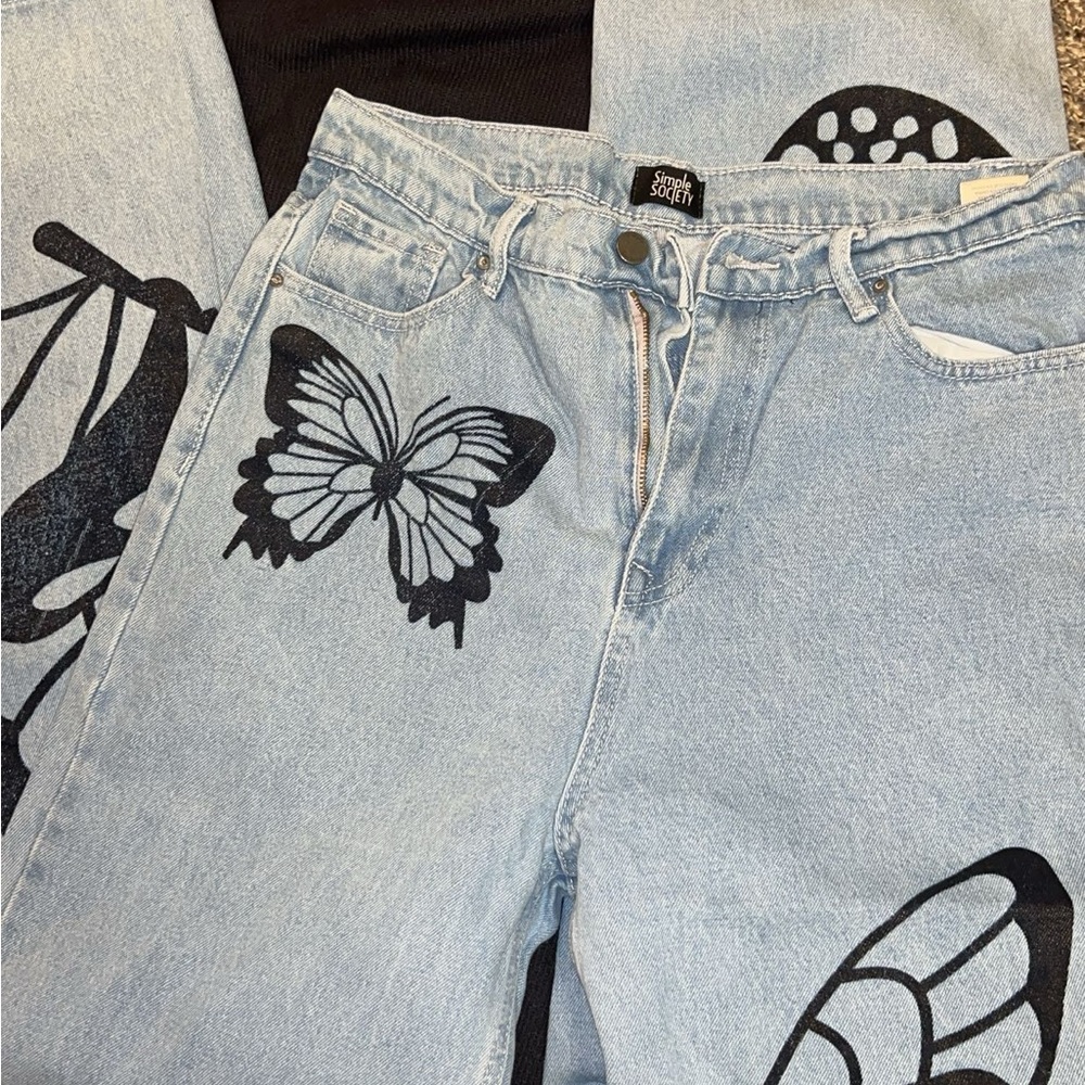Society Light Blue Jeans with Black Butterfly Design